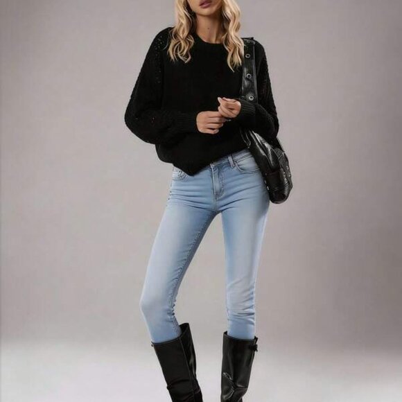 Solid Ribbed Knit Drop Shoulder Sweater,Ladies Spring/Fall Casual Long Sleeve Re - Picture 5 of 7